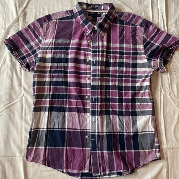 Tommy Hilfiger Purple Plaid Slim Fit Short-Sleeved Men's Button Down Shirt - Picture 1 of 9